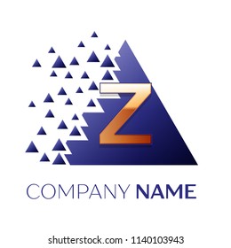 Realistic Golden Letter Z logo symbol in the blue colorful pixel triangle shape with shattered blocks on white background. Vector template for your design