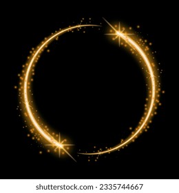 Realistic golden light circles sparking on black transparent background. Vector illustration of magic power effect, fairy trail, glitter dust swirl, shiny avatar frame. Festive design