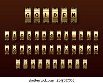 Realistic golden locks combination font. Yellow metal alphabet. Rotating wheels with numbers and letters. Bank codeword for safe protection. Access password. Vector