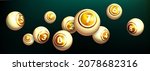 Realistic golden lottery ball on dark background.  Flying gold balls with numbers of winning combination for gambling game. Collection glossy spheres for lotto, kenny and bingo.