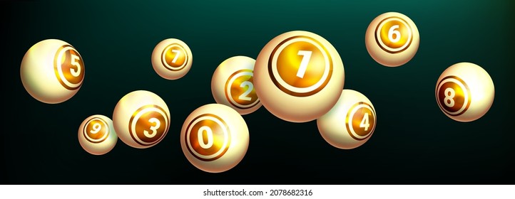 Realistic golden lottery ball on dark background.  Flying gold balls with numbers of winning combination for gambling game. Collection glossy spheres for lotto, kenny and bingo.