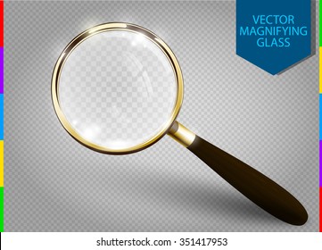 Realistic golden magnifying glass. Vector retro Magnifier icon With Wooden Handle and Golden Rim Isolated On transparent Background