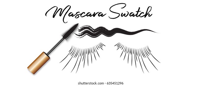 Realistic golden mascara brush, swatches and hand drawn eyelashes isolated on white background, top view. Cosmetics product advertisement concept, grunge brush.