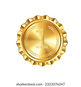 Realistic golden medal with engraved laurel wreath and number one. Versatile designs for custom awards and creative projects