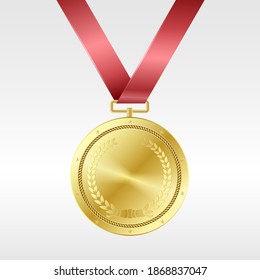 Realistic golden medal on red ribbon: award for first place in competition. Gold prize trophy 3d on white background. Vector illustration