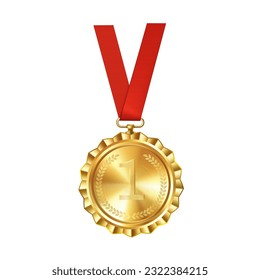 Realistic golden medal on red ribbon with engraved number one. Sports competition awards for first place. Championship reward for achievements and victory.