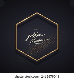 Realistic golden metal frame. 3d golden hexagon banner - decoration element for greeting card, cover, poster or invitation. Vector illustration.