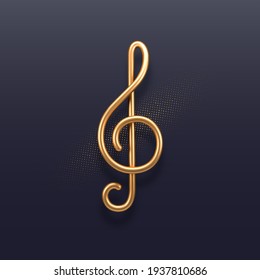 Realistic golden metal treble clef on a dark background. 3d golden musical symbol - decoration elements for design. Vector illustration.