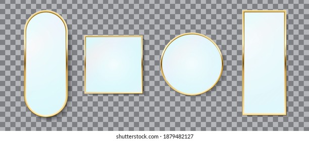 Realistic golden mirrors oval, rectangle, circle, square frame vector set of different colors isolated. Realistic metalic template. 