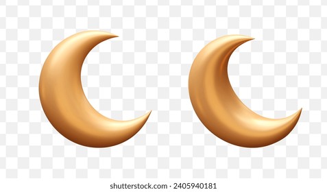 Realistic golden moon in different positions. Beautiful crescent moon, Ramadan Kareem. Traditional symbol object concept. Vector illustration in 3d style