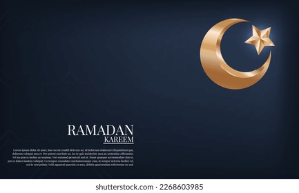 realistic golden moon and star ramadan kareem banner with moslem ornament blue dark background