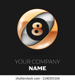 Realistic Golden Number Eight logo symbol in the silver-golden colorful circle shape on black background. Vector template for your design