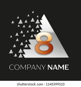 Realistic Golden Number Eight logo symbol in the silver colorful pixel triangle shape with shattered blocks on black background. Vector template for your design