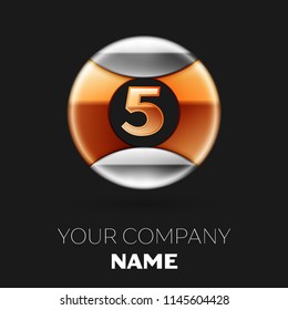 Realistic Golden Number Five logo symbol in the silver-golden colorful circle shape on black background. Vector template for your design