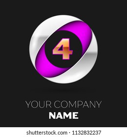 Realistic Golden Number Four logo symbol in the silver-purple colorful circle shape on black background. Vector template for your design