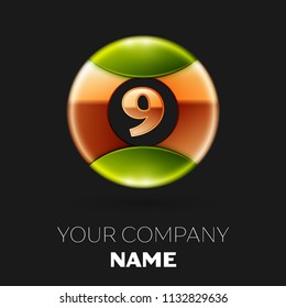 Realistic Golden Number Nine logo symbol in the golden-green colorful circle shape on black background. Vector template for your design