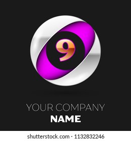 Realistic Golden Number Nine logo symbol in the silver-purple colorful circle shape on black background. Vector template for your design
