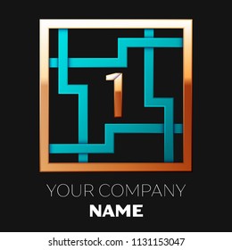 Realistic Golden Number One logo symbol in the cyan-golden colorful square maze shape on black background. The logo symbolizes labyrinth, choice of right path. Vector template for your design