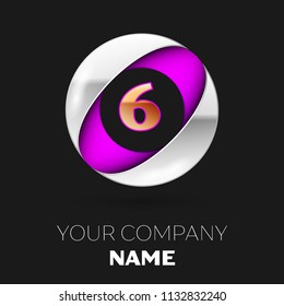 Realistic Golden Number Six logo symbol in the silver-purple colorful circle shape on black background. Vector template for your design