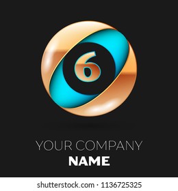 Realistic Golden Number Six logo symbol in the blue-golden colorful circle shape on black background. Vector template for your design