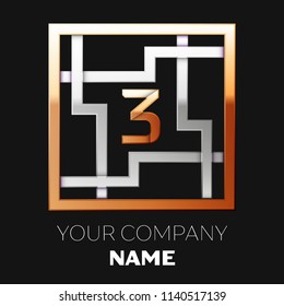 Realistic Golden Number Three logo symbol in the silver-golden colorful square maze shape on black background. The logo symbolizes labyrinth, choice of right path. Vector template for your design
