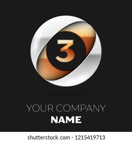 Realistic Golden Number Three logo symbol in the silver-golden colorful circle shape on black background. Vector template for your design