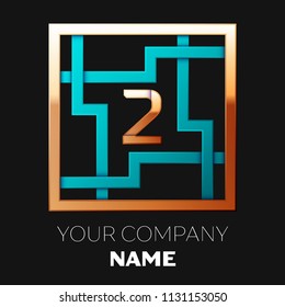 Realistic Golden Number Two logo symbol in the cyan-golden colorful square maze shape on black background. The logo symbolizes labyrinth, choice of right path. Vector template for your design