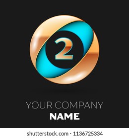 Realistic Golden Number Two logo symbol in the blue-golden colorful circle shape on black background. Vector template for your design