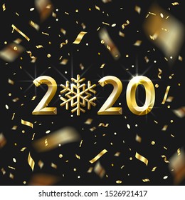 Realistic golden numbers 2020 with a Snowflake and confetti. Bright Happy New Year Greeting. Design elements for flyers, leaflets, postcard and posters. Vector Illustration.