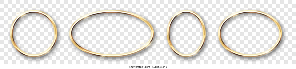 Realistic golden oval and circle frames for event decoration, web design or decor isolated on transparent background. Template gold shining picture or photo frames. 3d vector illustration