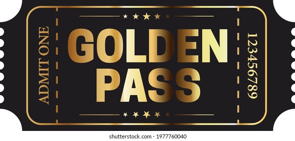 Realistic golden pass. Cinema, theater, party, museum, event, concert gold and black vector tickets template. Film cinema coupon paper, admit entrance