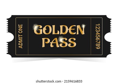 Realistic golden pass. Cinema, theater, party, museum, event, concert gold and black vector tickets template. Film cinema coupon paper, admit entrance