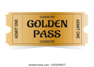 Realistic golden pass. Cinema, theater, party, museum, event, concert gold and black vector tickets template. Film cinema coupon paper, admit entrance