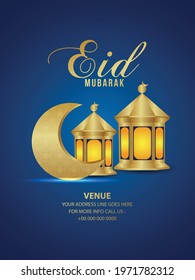 Realistic golden pattern moon and islamic lantern of eid mubarak on blue background