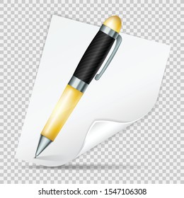 Realistic Golden Pen And Note, Curled Sheet Of Paper. Vector Illustration Isolated On Transparent Background