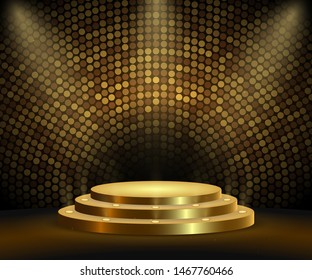 Realistic golden platform, podium or pedestal with spotlights