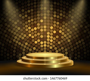 Realistic golden platform, podium or pedestal with spotlights