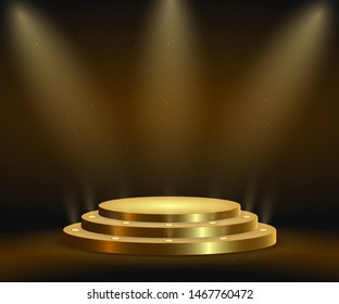 Realistic golden platform, podium or pedestal with spotlights