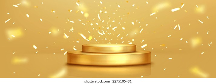 Realistic golden podium and sparkling confetti flying in air. Vector illustration of round platform for product presentation. Prize winner award ceremony. Discount or sale announcement design element