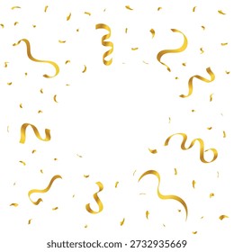 Realistic Golden Ribbon and Confetti Explosion. Luxury Festive, Anniversary and Birthday Celebration. Decorative Element Vector on a White Background.