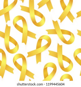 Realistic golden Ribbon seamless pattern to Childhood Cancer Awareness Month ICCD. Yellow ribbon medical symbol isolated on white background. Vector illustration EPS 10 file.