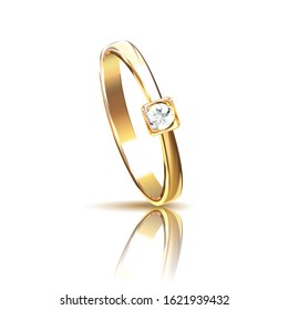 Realistic golden ring with diamond on mirror surface vector illustration