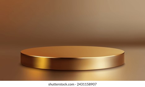 Realistic golden round podium isolated on a golden background. Geometric metal round shape for product branding. Golden cylinder mockup scene. 3D vector background illustration