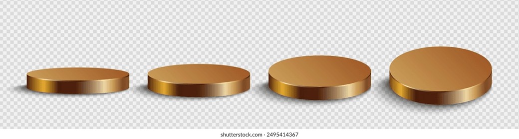 Realistic golden round podium isolated on transparent background. Geometric metal round shape for product branding. Golden cylinder mockup scene. 3D vector background illustration