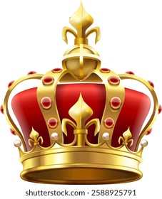 Realistic golden royal crown with red velvet, gemstones and pearls, symbolizing monarchy, power and authority, isolated on white background