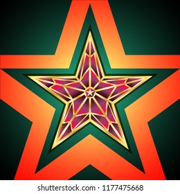 Realistic golden ruby red star. Vector Illustration