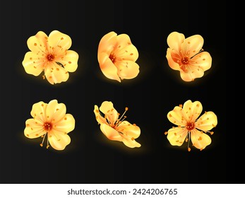 Realistische goldene Sakura. Juwelenblüten blühen japanische Sakuras Blumenbaum, Gold Frühlingsblüte Metall Blüten für Schmuck Brosche, Set Schmuck Dekoration Vektor-Illustration von Sakura Blume Gold