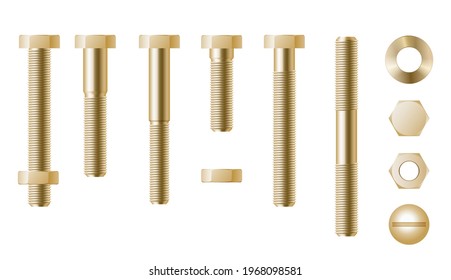 Realistic golden screws set. Eye hook, head fastener, metal rivet, detailed bolts for repair, renovation and furniture fixing. Gears collection. 3d vector illustration