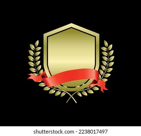 Realistic golden shield with laurel wreath and red ribbon for text.