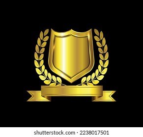 Realistic golden shield with laurel wreath and gold ribbon for text.